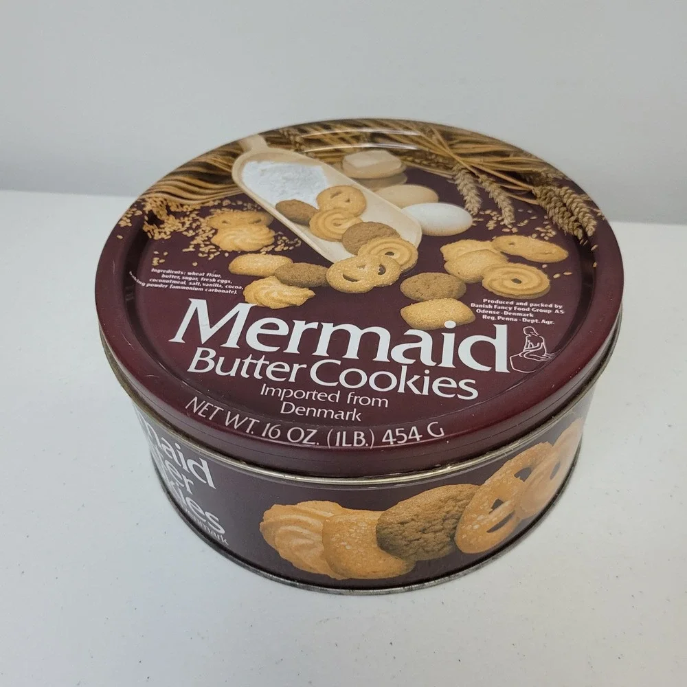 Mermaid Butter Cookies Denmark Vintage Empty Round‎ Tin 16 oz 1 lb